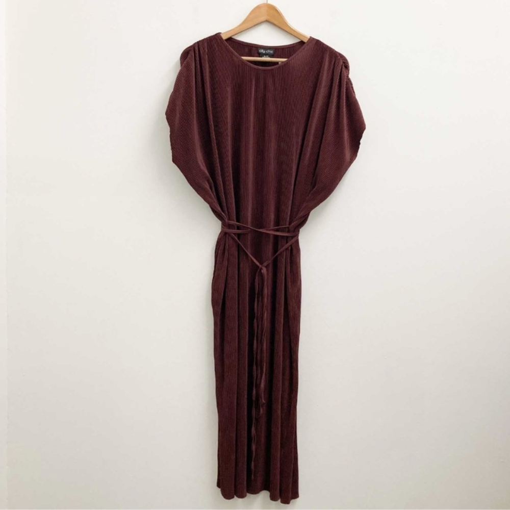 CITY CHIC Plum Pleated Tie Waist Midi Dress NWOT